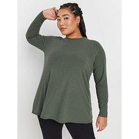 Yours Curve Long Sleeve Rib Swing T-Shirt - Green