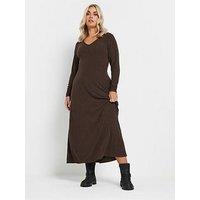 Yours Curve V Neck Rib Flare Dress - Brown
