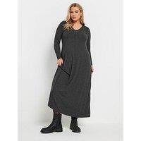 Yours Curve V Neck Rib Flare Dress - Grey