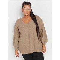 Yours Curve V-Neck Balloon Sleeve Jumper - Natural