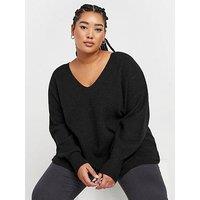 Yours Curve V-Neck Balloon Sleeve Jumper - Black