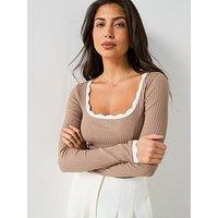 V By Very Scallop Contrast Trim Long Sleeve Top - Neutral