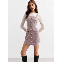 New Look Pink Faux Pearl Checked Boucl&Eacute; Pinafore Dress