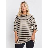 Yours Curve Striped Button Sleeve Top - Ivory