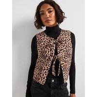 Pieces Quilted Tie Detail Sleeveless Jacket - Leopard Print