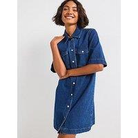 Only Belle Short Sleeve Button Denim Dress - Dark Blue