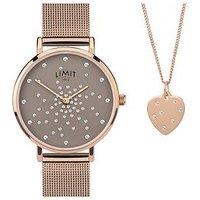 Limit Womens Rose Gold Stainless Steel Mesh Bracelet With Grey Dial Analogue Gift Set