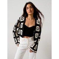 V By Very Cotton Rich Cropped Crochet Cardigan - Black/White