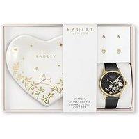 Radley Gold Plated Black Leather Strap Watch, 18Ct Gold Plated Heart Twin Pack Earrings & Heart Ceramic Trinket Tray Set