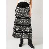 V By Very Embroidered Tiered Midi Skirt - Black