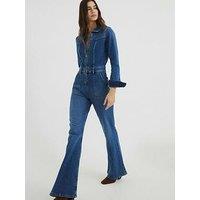 River Island Denim Relaxed Flare Leg Jumpsuit - Medium Denim