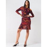Versace Jeans Couture Draped Tiger Print Mesh Long Sleeve Mini Dress - Orange