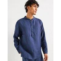 Boss C-Cory Relaxed Fit Collarless Linen Shirt - Navy