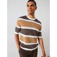 Selected Homme Ginger Short Sleeve Relaxed Stripe Knitted T-Shirt - Brown
