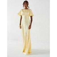 Six Stories Satin Flutter Sleeve Bias Cut Bridesmaid Dress - Lemon