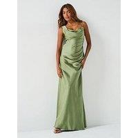 Six Stories Cowl Front Asymmetrical Satin Bridesmaid Dress - Moss