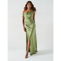 Six Stories Asymmetrical Bardot Strap Satin Bridesmaid Dress - Moss