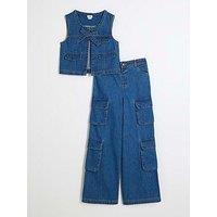 River Island Girls Gilet And Cargo Jeans Set - Denim Blue