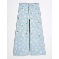River Island Older Girls Denim Daisy Floral Wide Leg Jeans - Blue