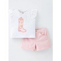 Mini V By Very Girls Denim Short And Frill T-Shirt Set - Dusky Pink