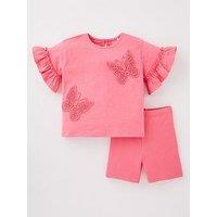 Mini V By Very Girls Crochet Butterfly Trim Frill T-Shirt And Short Set - Pink
