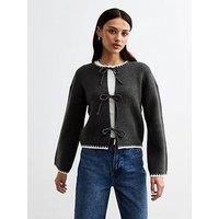 New Look Grey Tie Front Contrast Trim Cardigan