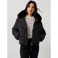 Mango Faux Fur Short Puffer Jacket - Black