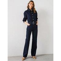 Mango Belted Denim Jumpsuit - Dark Blue