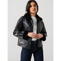 Mango Faux Fur Details Pu Aviator Jacket - Black