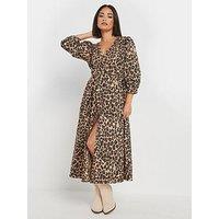 Pixiegirl Petite Animal Long Sleeve Button Front Midi Dress - Natural