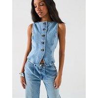 V By Very Denim Co-Ord Asymmetric Waistcoat - Mid Wash