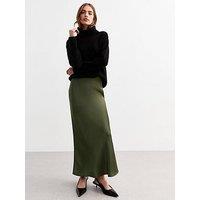 New Look Khaki Satin Bias Cut Midi Skirt - Green