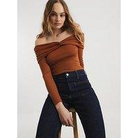 River Island Ruched Bardot Top - Brown