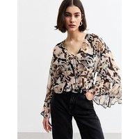 New Look Snake Print Flared Sleeve Chiffon Blouse - Black