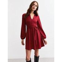 New Look Burgundy Crinkled Long Sleeve Mini Dress