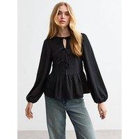 New Look Tie Front Crinkle Long Sleeve Top - Black