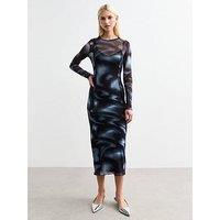 New Look Blue Blur Print Exposed Seam Mesh Midi Dress