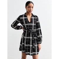 New Look Black Crinkled Jersey Checked Mini Shirt Dress