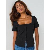 V By Very Square Neck Button Up Top - Black