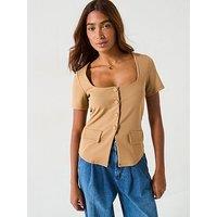 V By Very Square Neck Button Up Top - Neutral