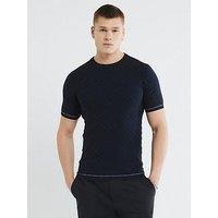 River Island Short Sleeve Checkerboard Muscle Fit Knitted T-Shirt - Navy