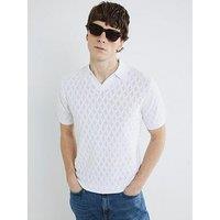 River Island Short Sleeve Textured Knit Open Collar Tee - White