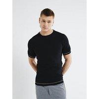 River Island Short Sleeve Checkerboard Muscle Fit Knitted T-Shirt - Black