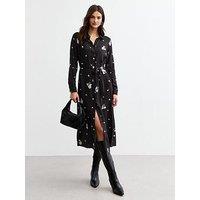 New Look Daisy Print Belted Midi Shirt Dress - Black