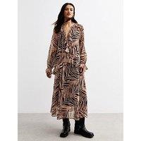 New Look Zebra Print Ruffle Trim Chiffon Midi Dress - Brown