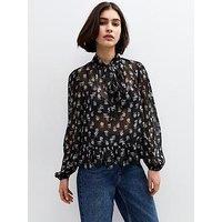 New Look Floral Print Sheer Pussybow Blouse - Black