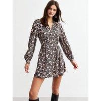 New Look Floral Print Tie Neck Mini Dress - Black