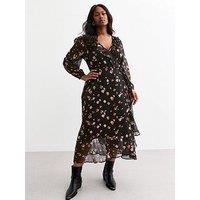 New Look Floral Print Chiffon Wrap Midi Dress - Black