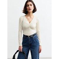 New Look Textured V-Neck Top - Cream