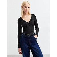 New Look Textured V-Neck Top - Black